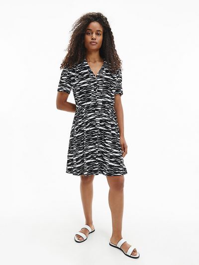 Calvin Klein Ruhák HU643691 | Calvin Klein Crepe Printed Női Ingruha Csíkok / Fekete